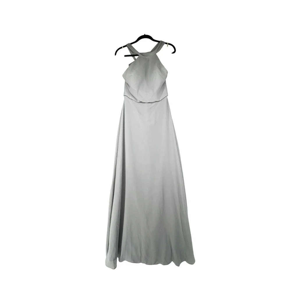 Jenny Yoo Dress Womens Size‎ 2 Brett Mineral Luxe Chiffon Halter Maxi Bridesmaid